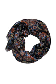 Gucci - Black & Multicolor Silk Floral & Bird Print Scarf