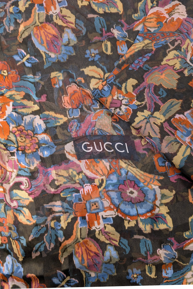Gucci - Black & Multicolor Silk Floral & Bird Print Scarf