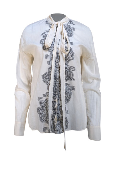 Givenchy - Cream & Black Print Button Front Top w/ Neck Tie Detail Sz 4 - Current Boutique