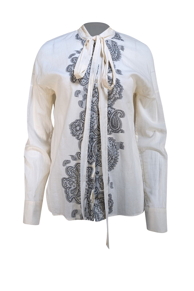 Givenchy - Cream & Black Print Button Front Top w/ Neck Tie Detail Sz 4 - Current Boutique