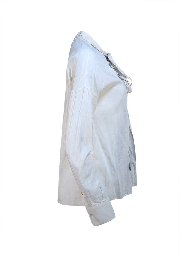 Givenchy - Cream & Black Print Button Front Top w/ Neck Tie Detail Sz 4 - Current Boutique