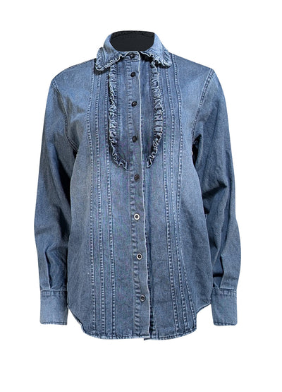 Saint Laurent - Denim Ruffle Front Button Down Shirt Sz 8 - Current Boutique