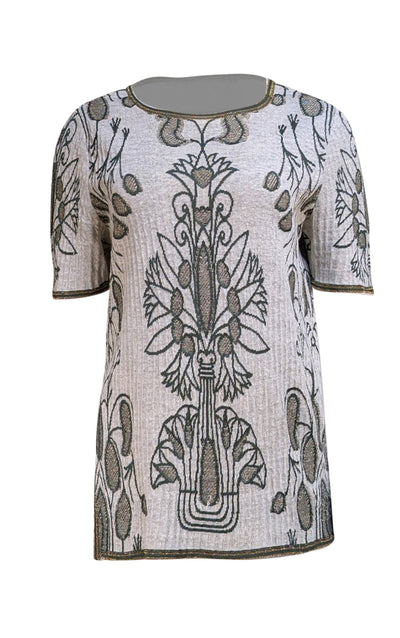 Tory Burch - Beige, Green, & Gold Floral Short Sleeve Sweater Sz L - Current Boutique