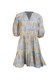 Apiece Apart - White, Blue, Green, & Yellow Floral Puff Sleeve Dress Sz XS - Current Boutique