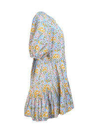 Apiece Apart - White, Blue, Green, & Yellow Floral Puff Sleeve Dress Sz XS - Current Boutique