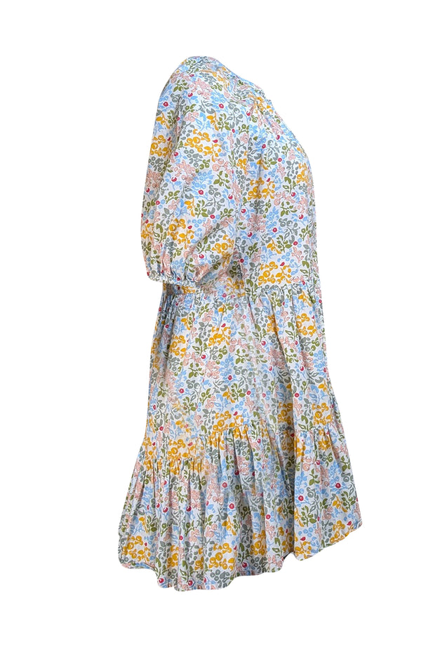 Apiece Apart - White, Blue, Green, & Yellow Floral Puff Sleeve Dress Sz XS - Current Boutique
