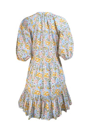Apiece Apart - White, Blue, Green, & Yellow Floral Puff Sleeve Dress Sz XS - Current Boutique