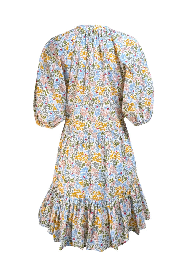 Apiece Apart - White, Blue, Green, & Yellow Floral Puff Sleeve Dress Sz XS - Current Boutique