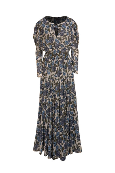 MISA Los Angeles - White, Blue, & Green Metallic Print Smocked Waist Maxi Dress Sz S