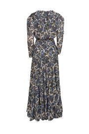 MISA Los Angeles - White, Blue, & Green Metallic Print Smocked Waist Maxi Dress Sz S