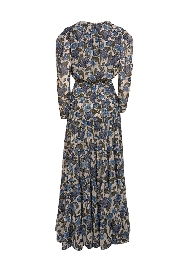 MISA Los Angeles - White, Blue, & Green Metallic Print Smocked Waist Maxi Dress Sz S