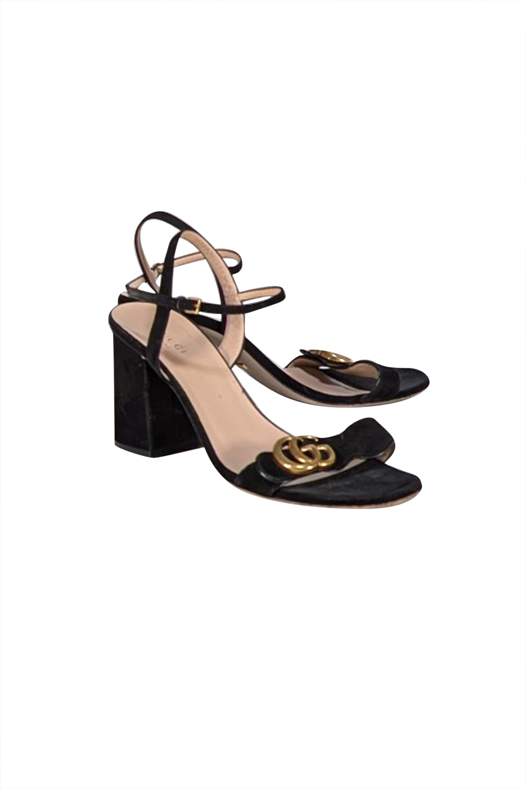 Gucci - Black Suede Logo Strap Block Heel Sandals Sz 9