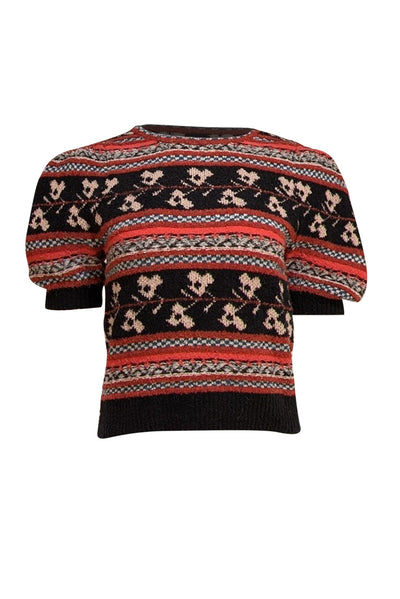 Ulla Johnson - Black Multi Fair Isle Wool Short Sleeve Sweater Sz S - Current Boutique
