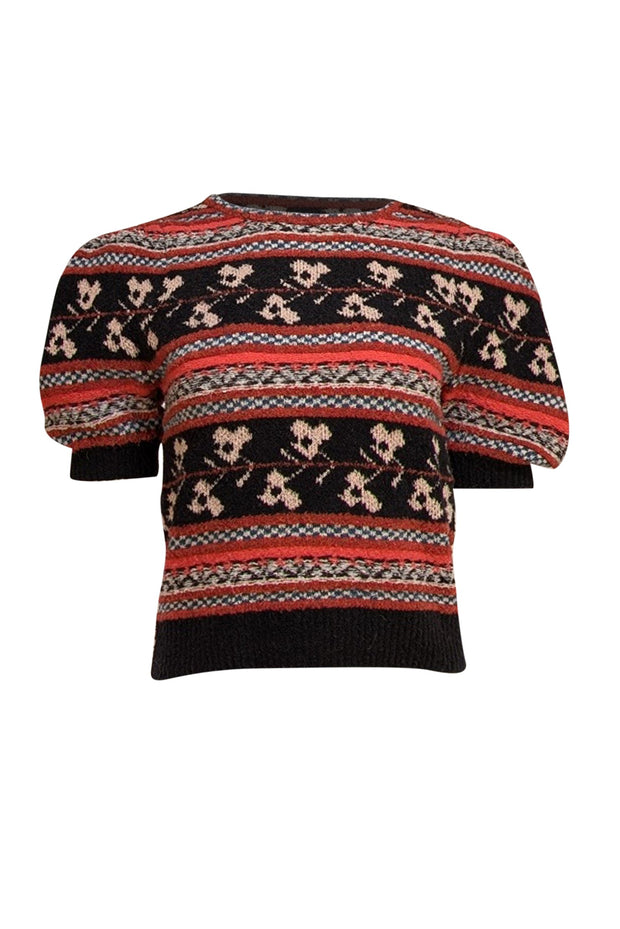Ulla Johnson - Black Multi Fair Isle Wool Short Sleeve Sweater Sz S - Current Boutique