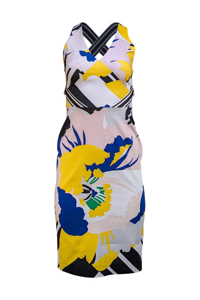 Karen Millen - White, Yellow, Black, & Blue Print Cross Back Dress Sz 2 - Current Boutique