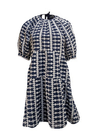 Maje - Navy w/White Embroidery Puff Sleeve Mini "Ridol" Dress Sz 4 - Current Boutique