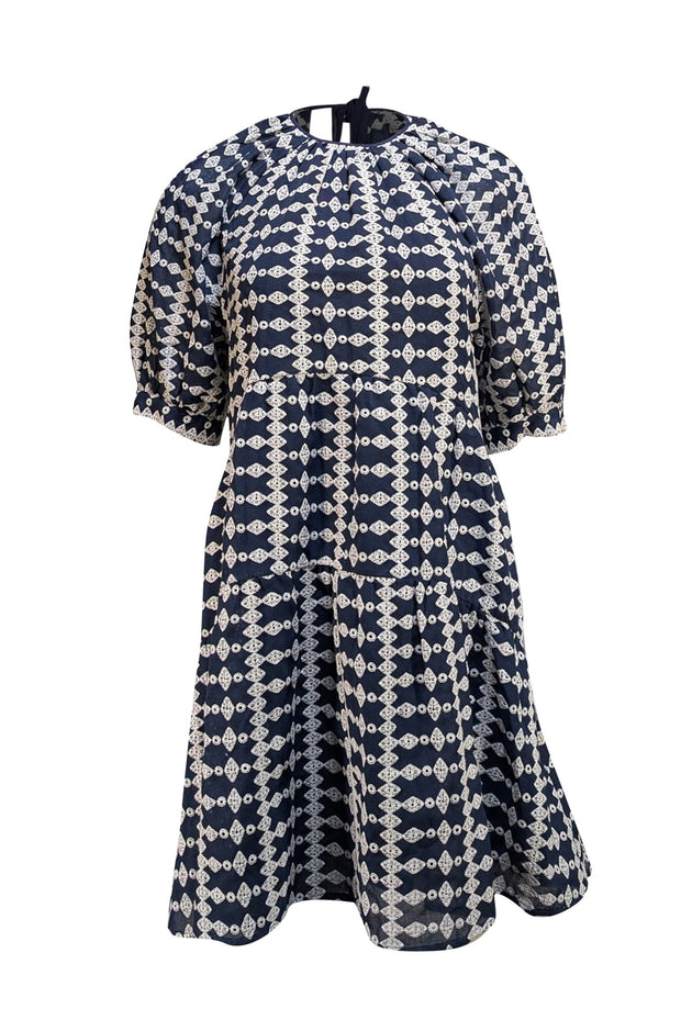 Maje - Navy w/White Embroidery Puff Sleeve Mini "Ridol" Dress Sz 4 - Current Boutique