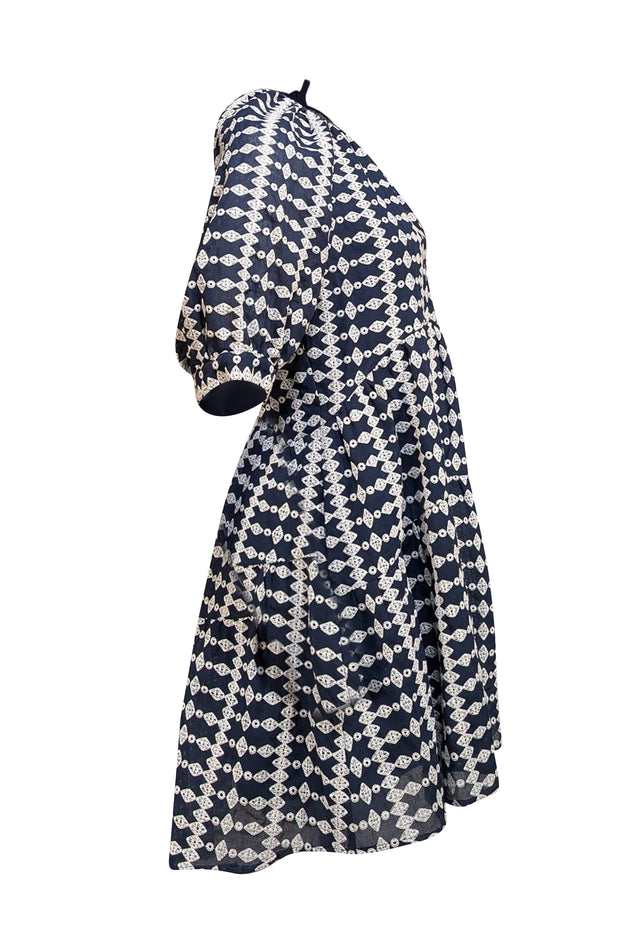 Maje - Navy w/White Embroidery Puff Sleeve Mini "Ridol" Dress Sz 4 - Current Boutique