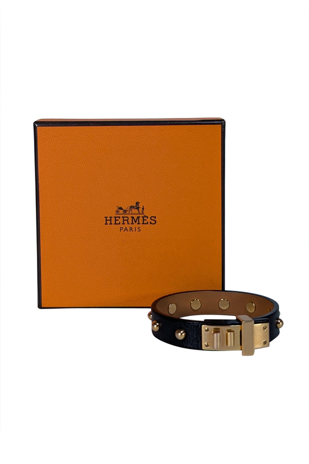 Hermes - Black Leather Gold Studded Trim Bracelet