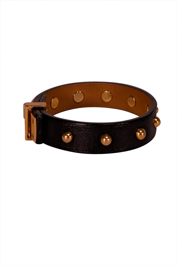 Hermes - Black Leather Gold Studded Trim Bracelet