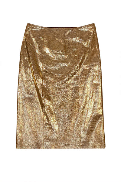 Bottega Veneta - Gold Metallic Crackle Leather Pencil Skirt Sz 2 - Current Boutique