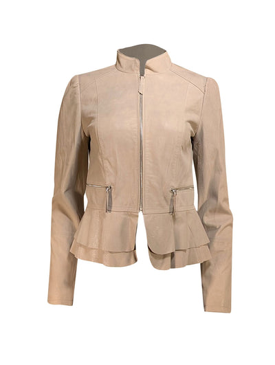 White House Black Market - Beige Genuine Leather Peplum Jacket Sz S - Current Boutique