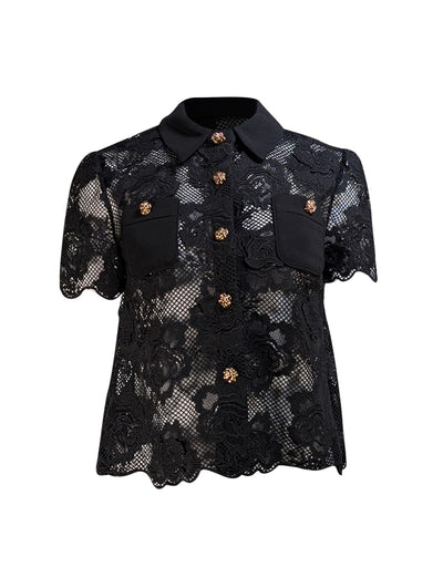 Self-Portrait - Black Eyelet Lace Short Sleeve Shirt Sz 6 - Current Boutique