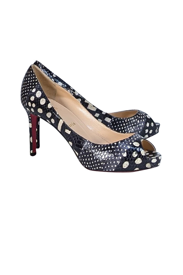 Christian Louboutin - Black & Cream Print Peep Toe Pumps Sz 10