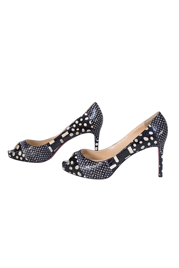 Christian Louboutin - Black & Cream Print Peep Toe Pumps Sz 10