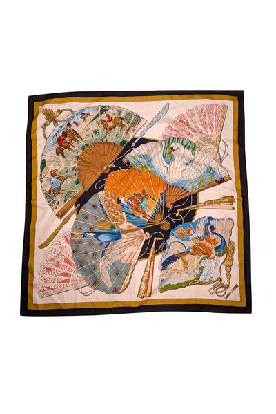 Hermes - Ivory, Black, Blue & Gold Printed Silk Scarf - Current Boutique