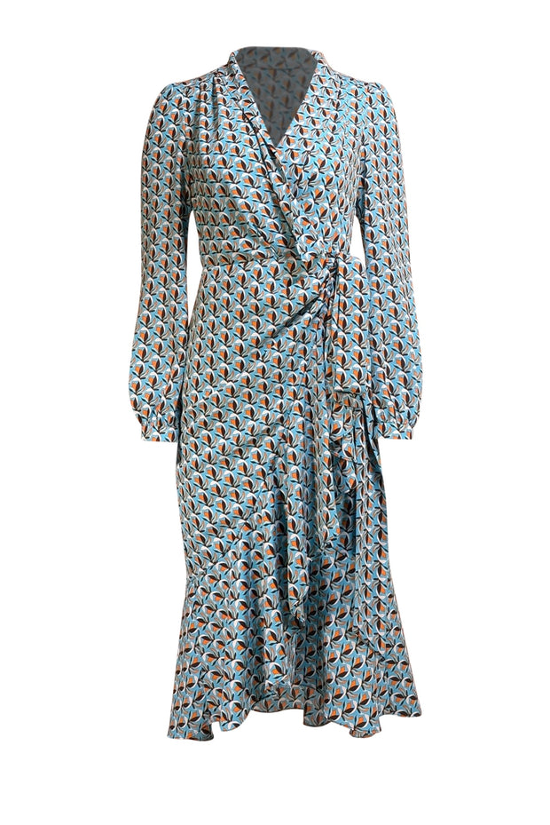 Diane von Furstenberg - Blue, Black, & Orange Print Wrap Dress Sz 6 Diane von Furstenberg - Blue, Black, & Orange Print Wrap Dress Sz 6