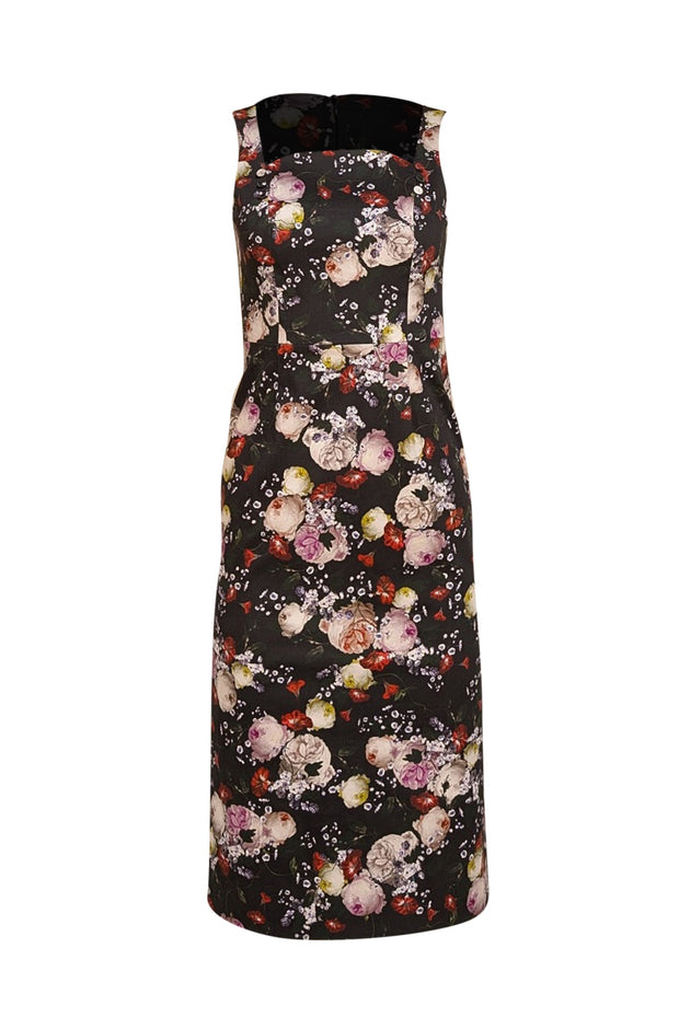 Erdem - Black Peony Print Cotton Pencil Dress Sz 2 - Current Boutique