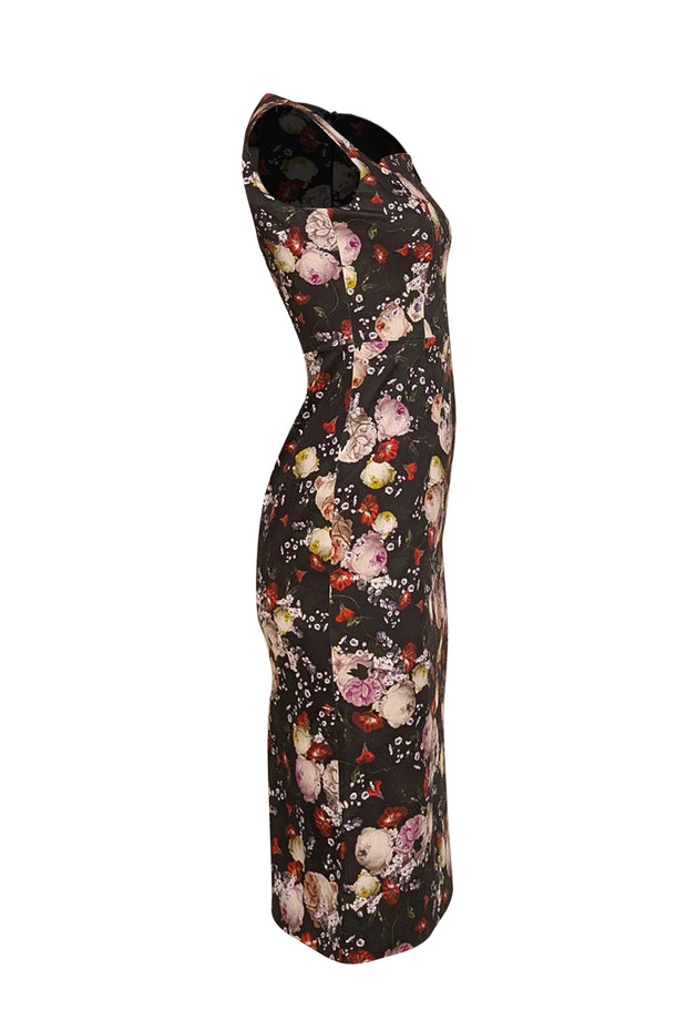Erdem - Black Peony Print Cotton Pencil Dress Sz 2 - Current Boutique
