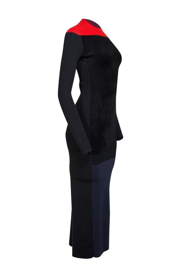 Diane von Furstenberg - Black, Red, & Navy Color Block Knit Midi Dress Sz P - Current Boutique