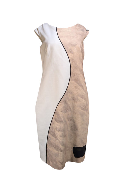 Akris - White, Tan, w/ Black Trim Dress Sz 12 - Current Boutique