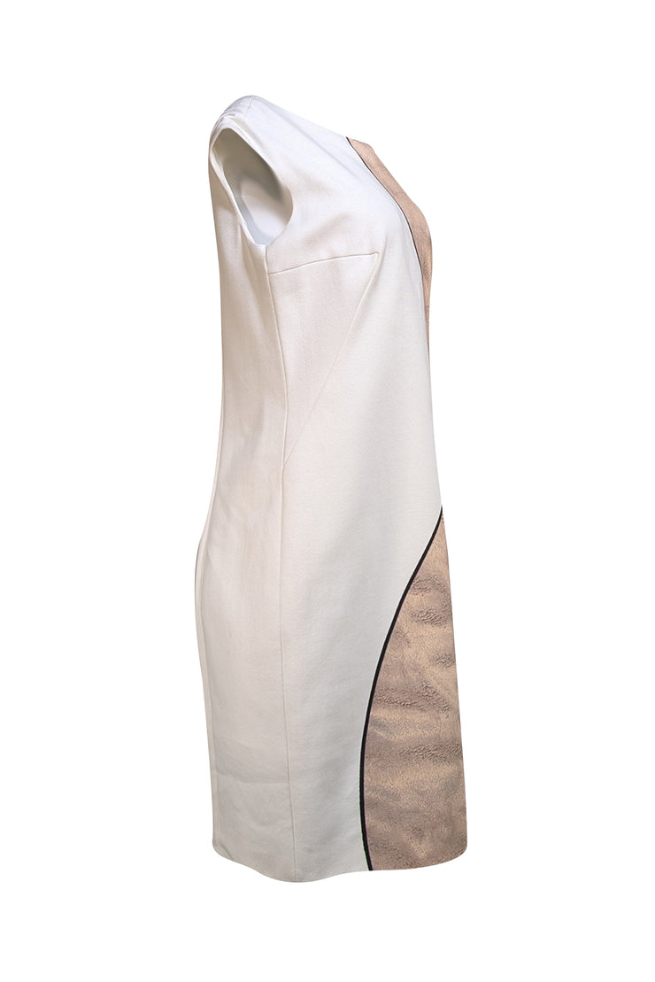 Akris - White, Tan, w/ Black Trim Dress Sz 12 - Current Boutique