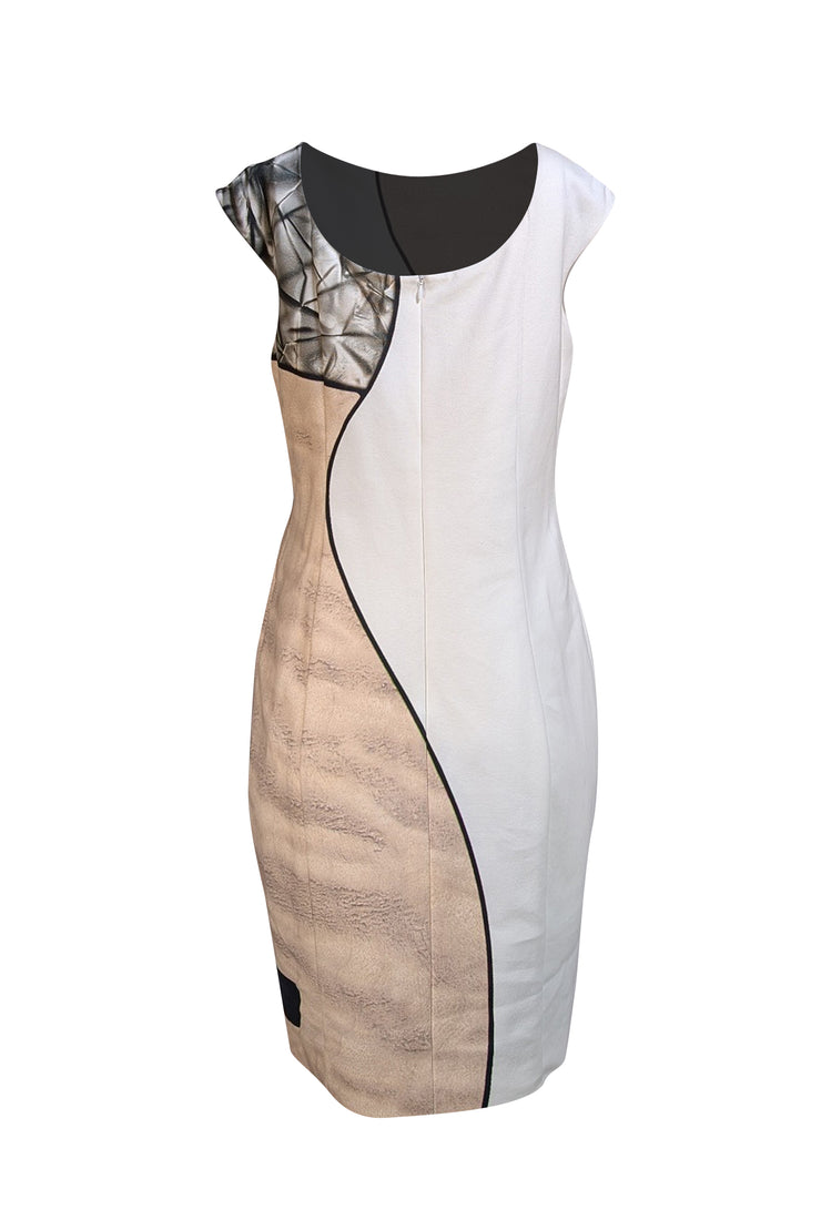 Akris - White, Tan, w/ Black Trim Dress Sz 12 - Current Boutique