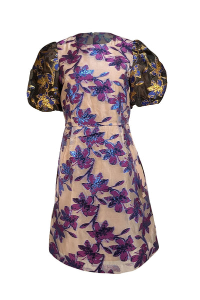 Munthe - Purple & Blue Metallic Floral Dress w/ Black, Blue, & Gold Puff Short Sleeves Sz 6 - Current Boutique