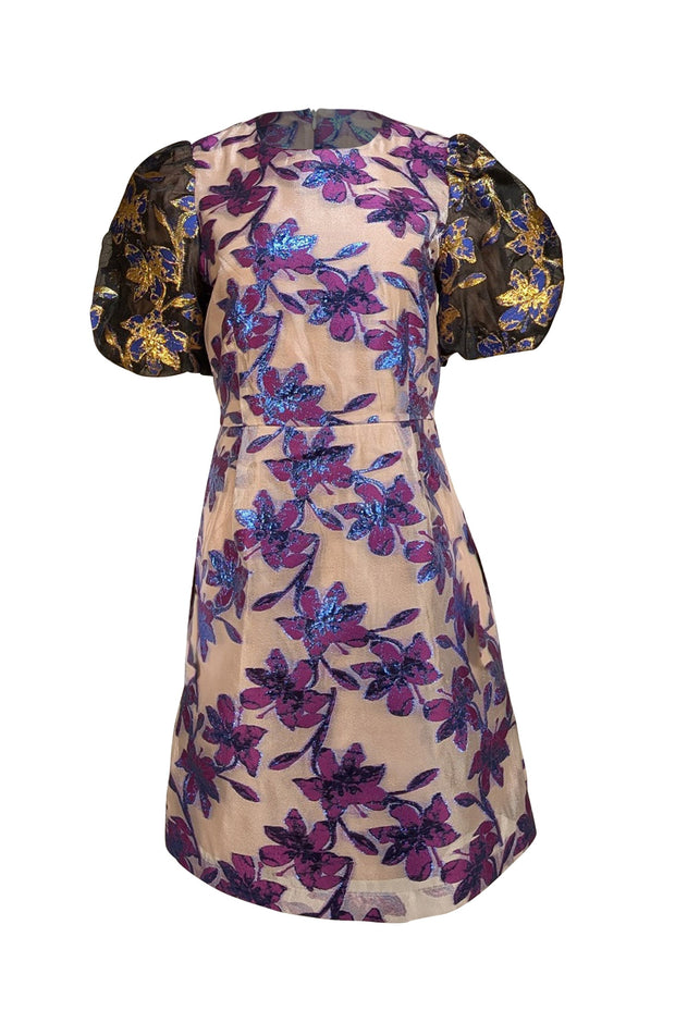 Munthe - Purple & Blue Metallic Floral Dress w/ Black, Blue, & Gold Puff Short Sleeves Sz 6 - Current Boutique