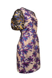 Munthe - Purple & Blue Metallic Floral Dress w/ Black, Blue, & Gold Puff Short Sleeves Sz 6 - Current Boutique