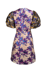 Munthe - Purple & Blue Metallic Floral Dress w/ Black, Blue, & Gold Puff Short Sleeves Sz 6 - Current Boutique