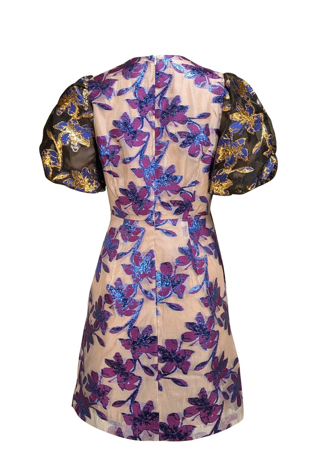 Munthe - Purple & Blue Metallic Floral Dress w/ Black, Blue, & Gold Puff Short Sleeves Sz 6 - Current Boutique