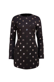 Area - Black Long Sleeve Mini Dress w/ Silver Metal Polka Dots Sz L - Current Boutique