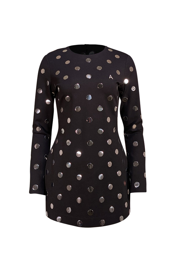 Area - Black Long Sleeve Mini Dress w/ Silver Metal Polka Dots Sz L - Current Boutique