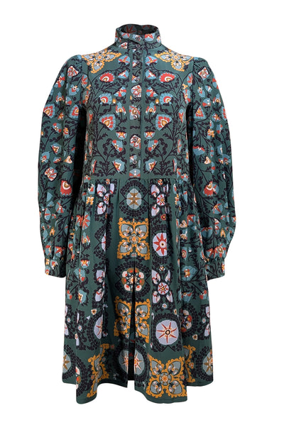 La DoubleJ - Green Print Quarter Button Long Sleeve Dress Sz XS - Current Boutique