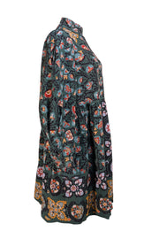 La DoubleJ - Green Print Quarter Button Long Sleeve Dress Sz XS - Current Boutique