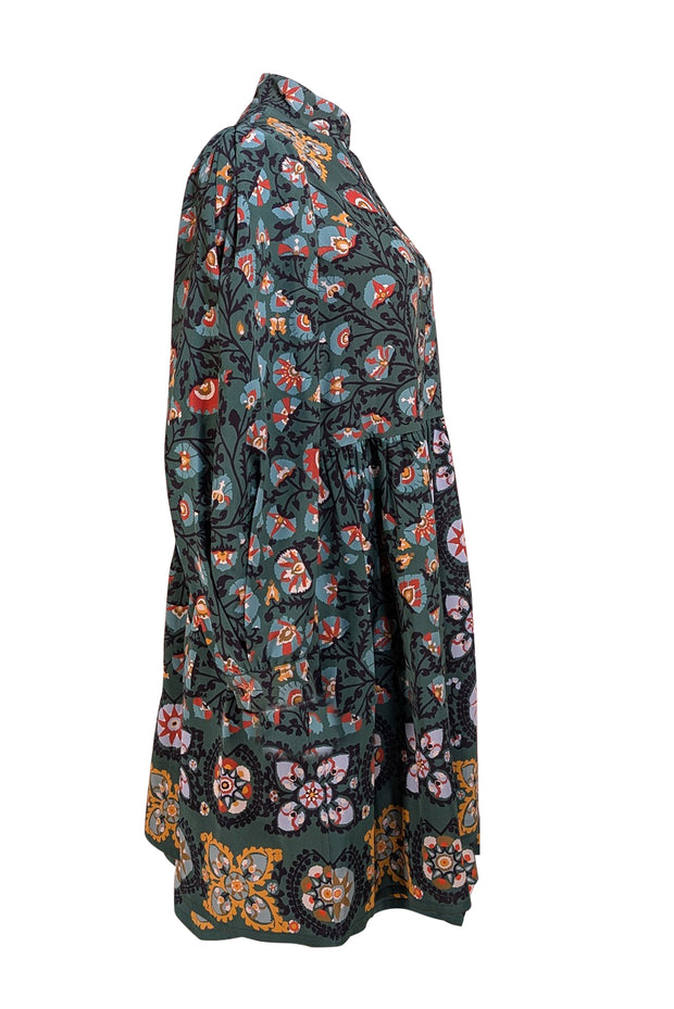 La DoubleJ - Green Print Quarter Button Long Sleeve Dress Sz XS - Current Boutique