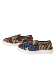 Res Ipsa - Black, Red, Blue, & Beige Print Woven Slip On Sneakers Sz 8