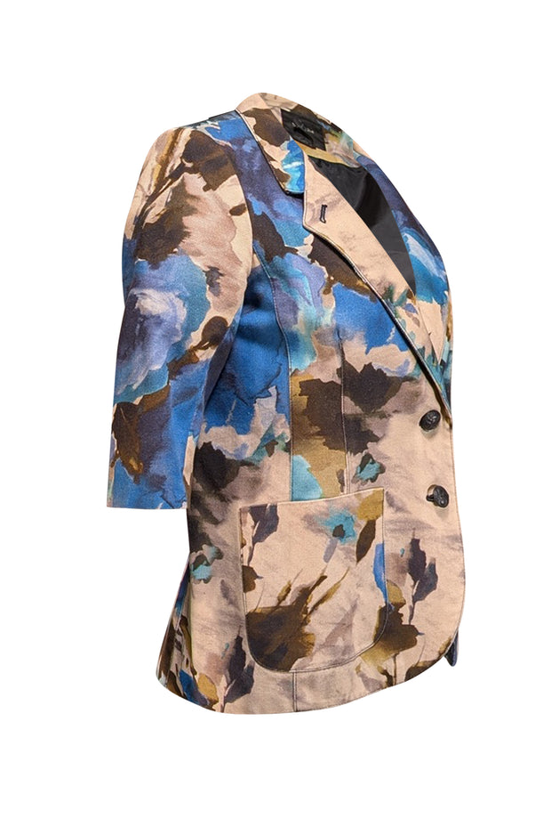 Smythe - Beige w/ Blue & Brown Watercolor Floral Print Blazer Sz 8