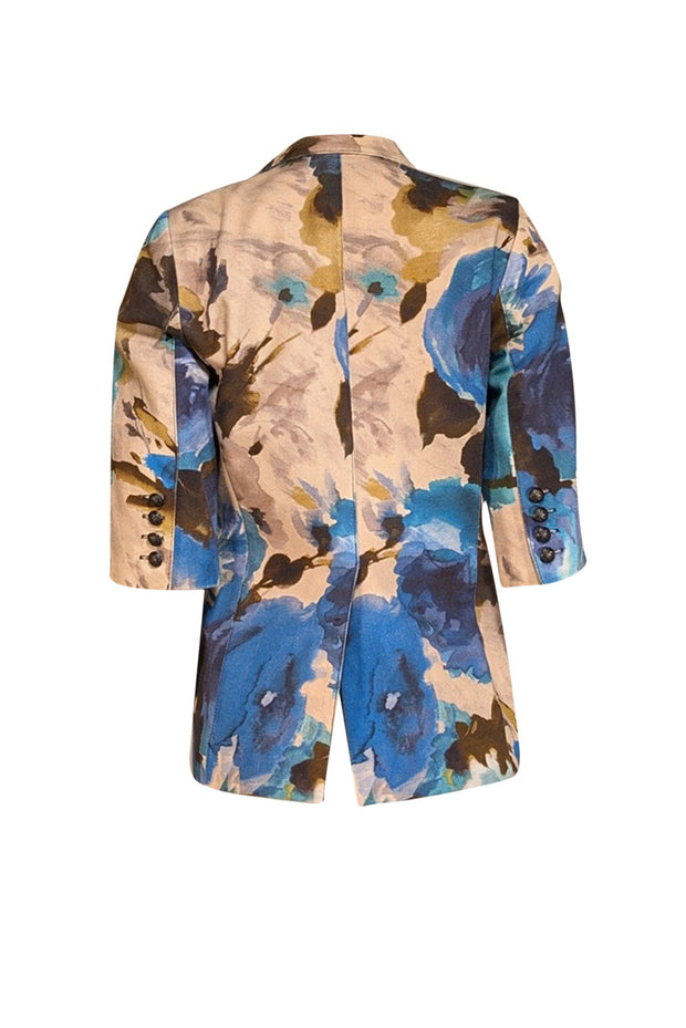 Smythe - Beige w/ Blue & Brown Watercolor Floral Print Blazer Sz 8